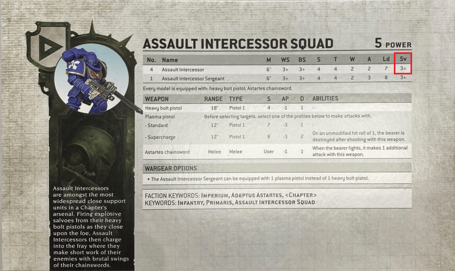 assault intercessor save stat