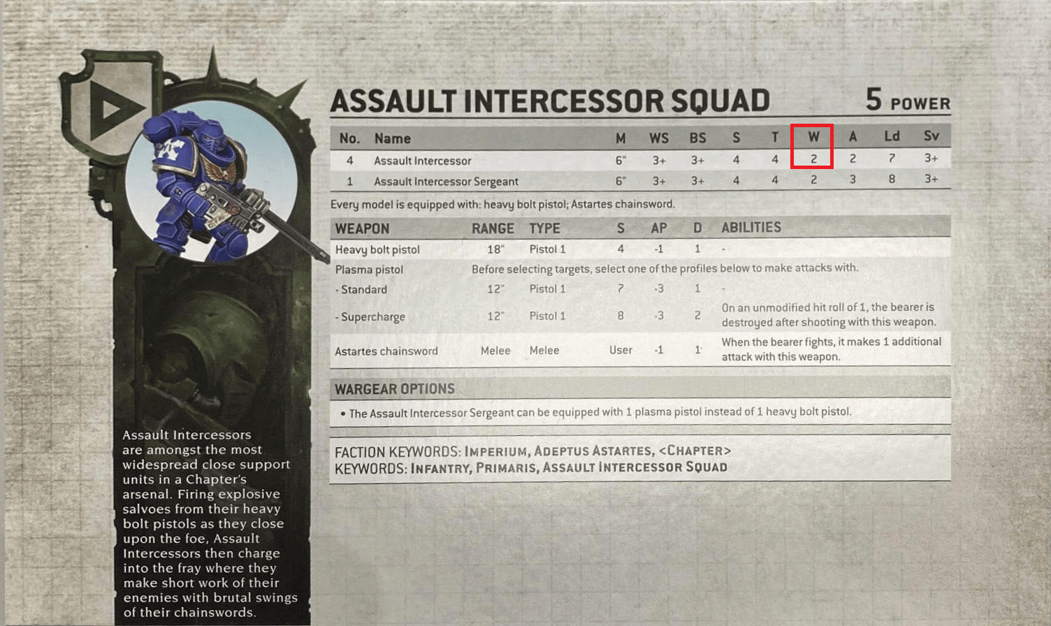 space marine assault intercessor wounds stat